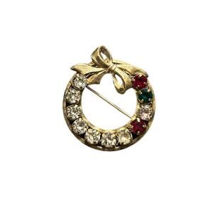 Round Brooch Rhinestones Wreath With Bow Vintage Signed GF 12K Gold Filled